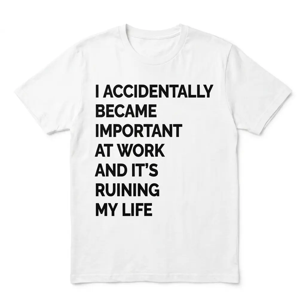 I Accidentally Became Important at Work Funny T-Shirt 1 White t-shirt flat lay featuring black text reading I Accidentally Became Important at Work and It's Ruining My Life.