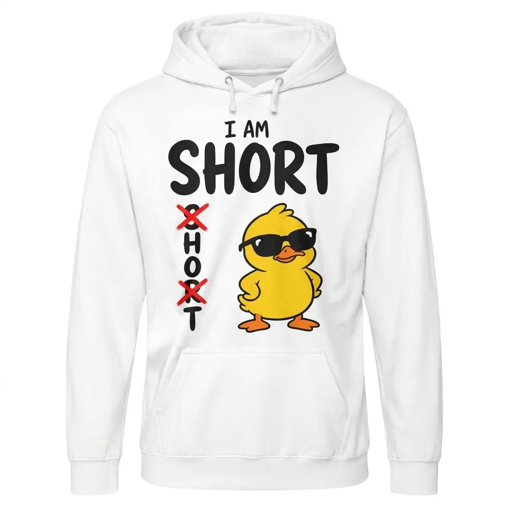 Front flat lay hoodie featuring the I am short duck graphic with crossed-out hot text