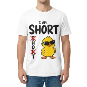 I Am Short Funny Duck With Sunglasses Graphic T-Shirt 9 Man modeling the front of a shirt with I am short duck graphic and crossed-out hot text