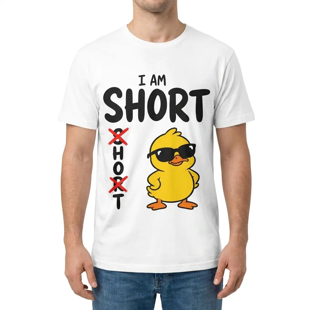 Man modeling the front of a shirt with I am short duck graphic and crossed-out hot text