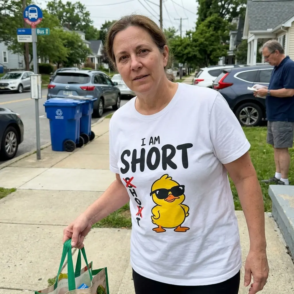 Lifestyle image showing the I am short duck shirt graphic with bold text and cartoon duck