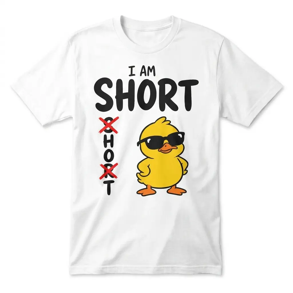 White t-shirt flat lay with I am short duck shirt graphic and sunglasses duck design