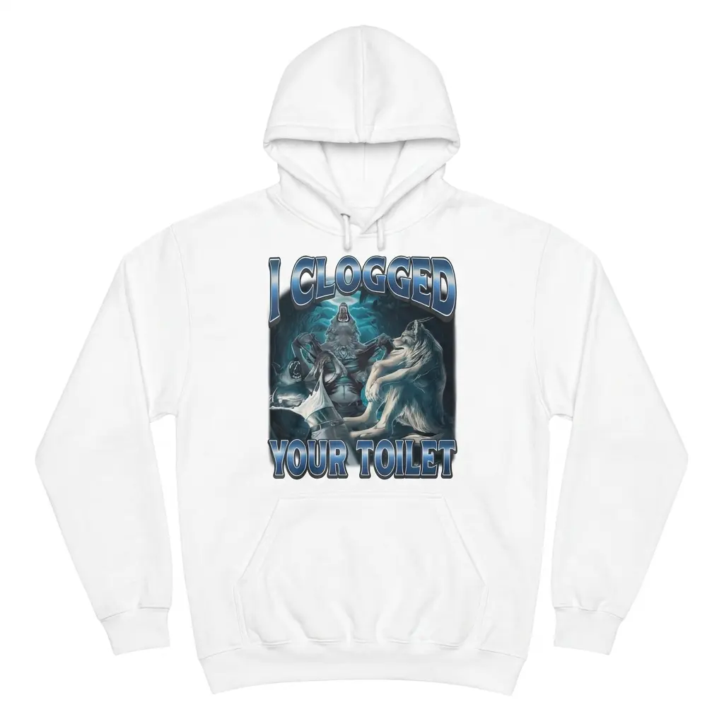 I Clogged Your Toilet Funny Werewolf Graphic T-Shirt 2 Front flat lay of a hoodie printed with the humorous I Clogged Your Toilet howling werewolf graphic.