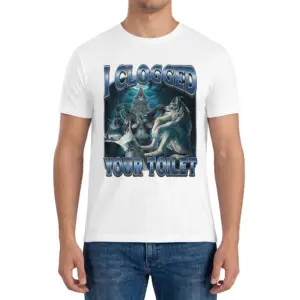 I Clogged Your Toilet Funny Werewolf Graphic T-Shirt 9 Front view of a man wearing the I Clogged Your Toilet funny werewolf graphic t-shirt.
