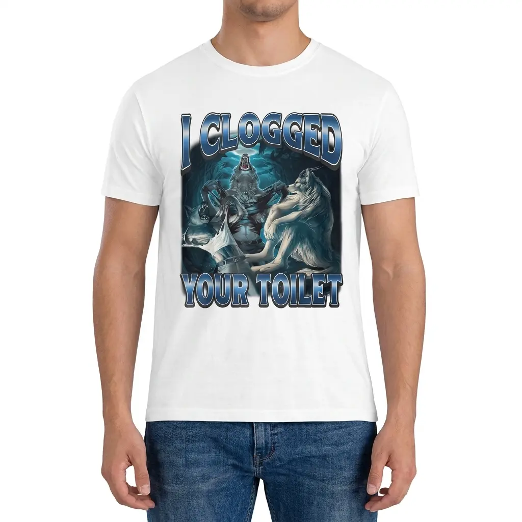 I Clogged Your Toilet Funny Werewolf Graphic T-Shirt 4 Front view of a man wearing the I Clogged Your Toilet funny werewolf graphic t-shirt.