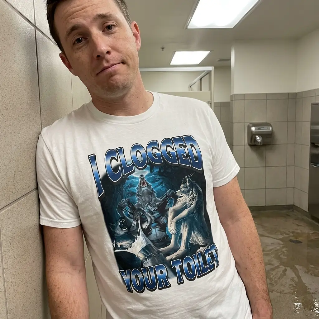 I Clogged Your Toilet Funny Werewolf Graphic T-Shirt 6 Lifestyle display showcasing the humorous I Clogged Your Toilet werewolf print shirt.