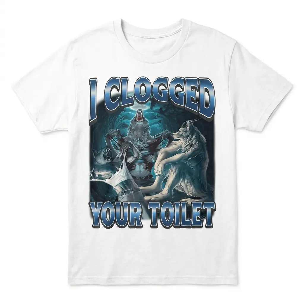 I Clogged Your Toilet Funny Werewolf Graphic T-Shirt 1 Flat lay of a white t-shirt featuring the I Clogged Your Toilet graphic with howling werewolves.
