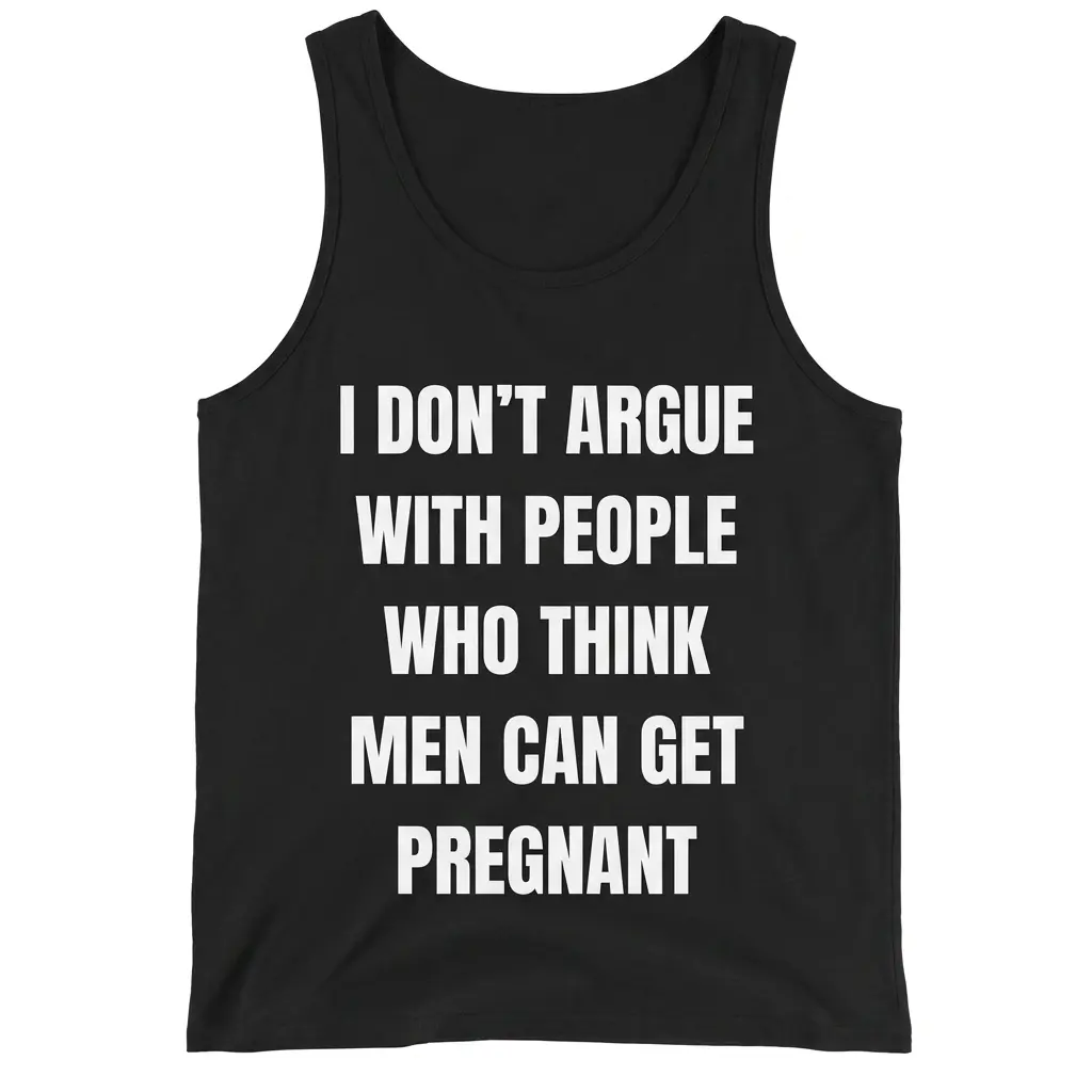 Black front-flatlay tank top featuring the white I don't argue with people statement.