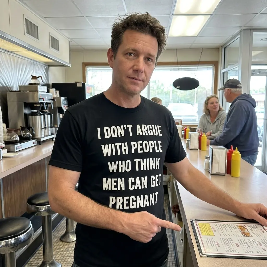 Lifestyle view of the men can get pregnant statement shirt.