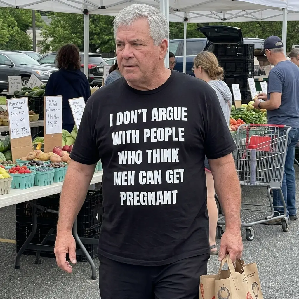 Lifestyle view showing the front design of the men can get pregnant shirt.
