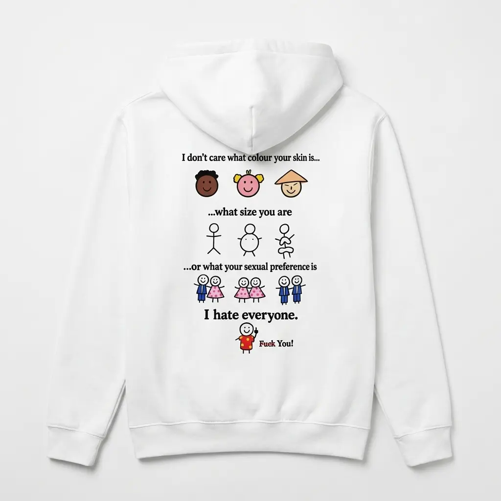 Cozy pullover hoodie displaying back print reading I don't care what colour your skin is what size you are I hate everyone with stick figure cartoons