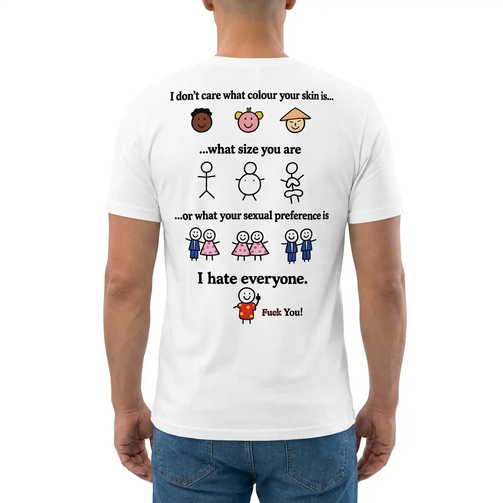 Man wearing white graphic tee with back print reading I don't care what colour your skin is what size you are I hate everyone with stick figure cartoons