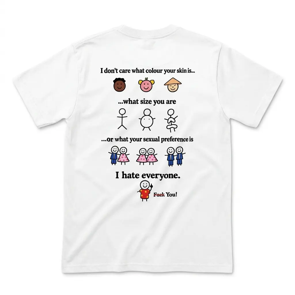 Flatlay white t-shirt featuring back print reading I don't care what colour your skin is what size you are I hate everyone with stick figure cartoons
