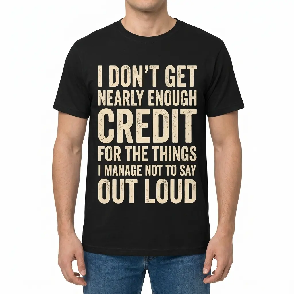 I Dont Get Credit for What I Dont Say Out Loud Funny T-Shirt 4 Man modeling the shirt from the front with the bold distressed quote design across the chest.