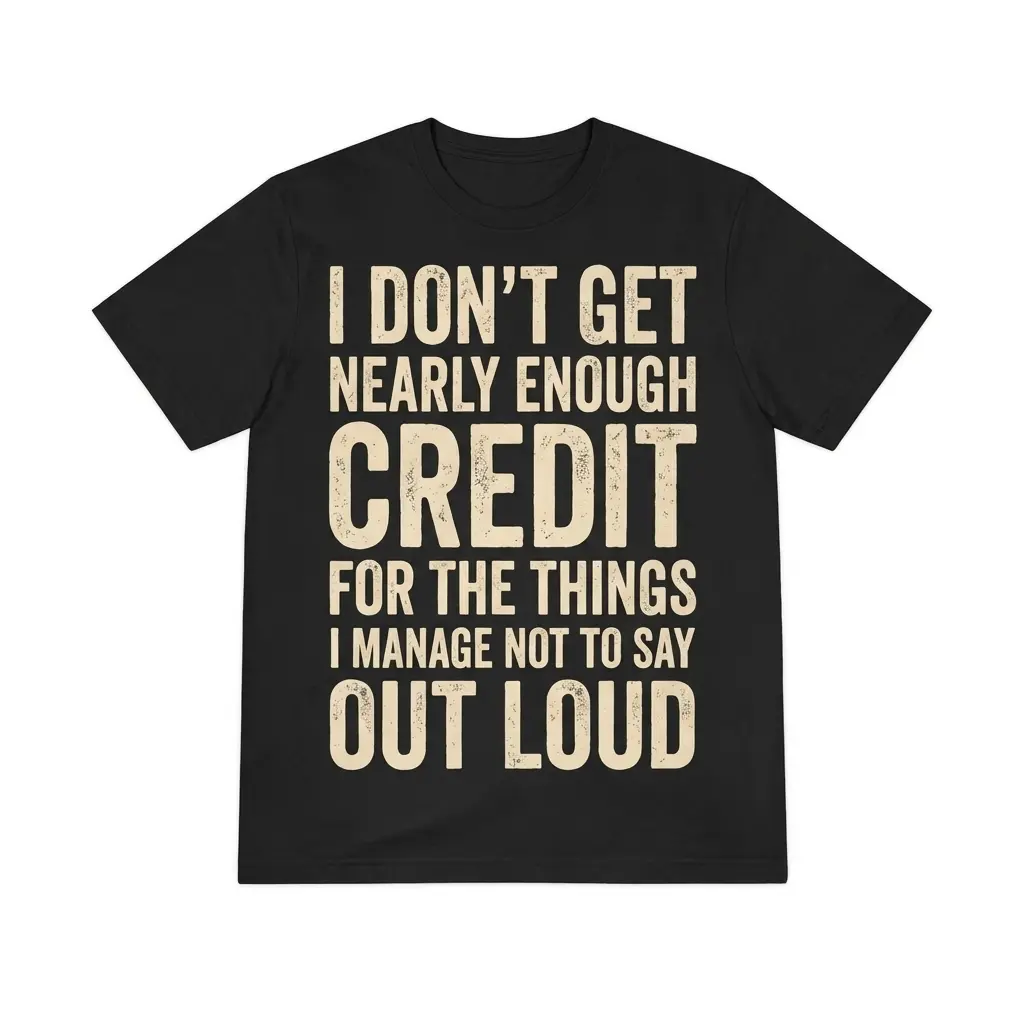 I Dont Get Credit for What I Dont Say Out Loud Funny T-Shirt 1 Front flatlay of black T-shirt with distressed beige text: I don't get nearly enough credit for things I don't say out loud.