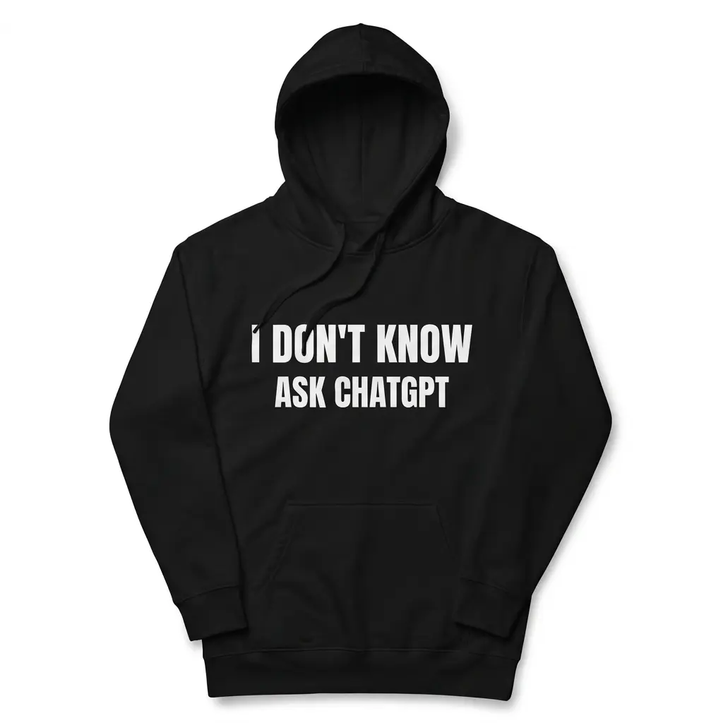 Cozy pullover hoodie displaying black tee front print reading I DON'T KNOW ASK CHATGPT in bold distressed white block letters