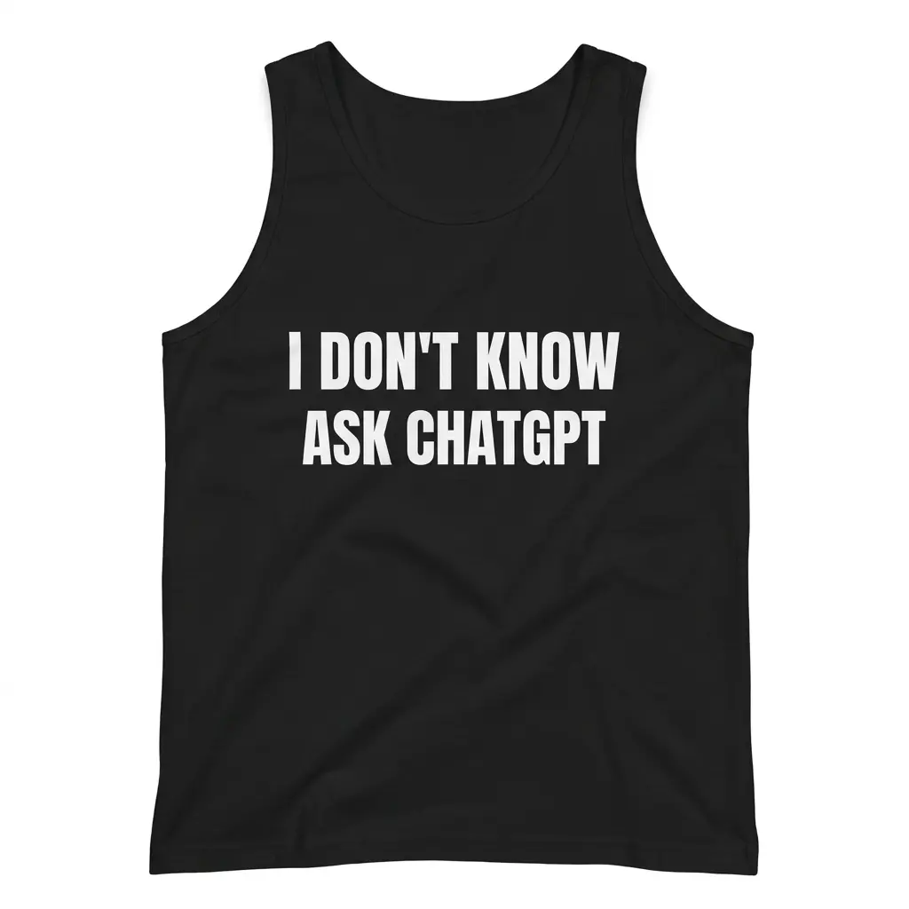 Sleeveless casual tank top with black tee front print reading I DON'T KNOW ASK CHATGPT in bold distressed white block letters