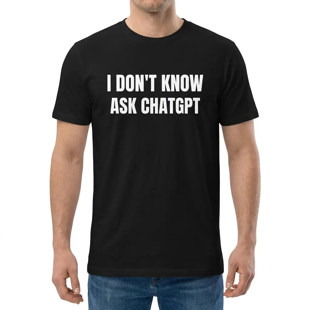 Man wearing black graphic tee with black tee front print reading I DON'T KNOW ASK CHATGPT in bold distressed white block letters