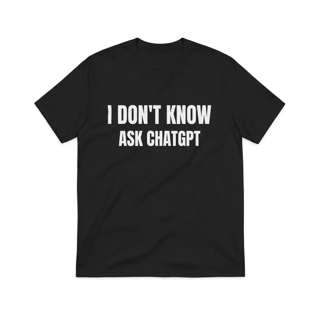 Flatlay black t-shirt featuring black tee front print reading I DON'T KNOW ASK CHATGPT in bold distressed white block letters