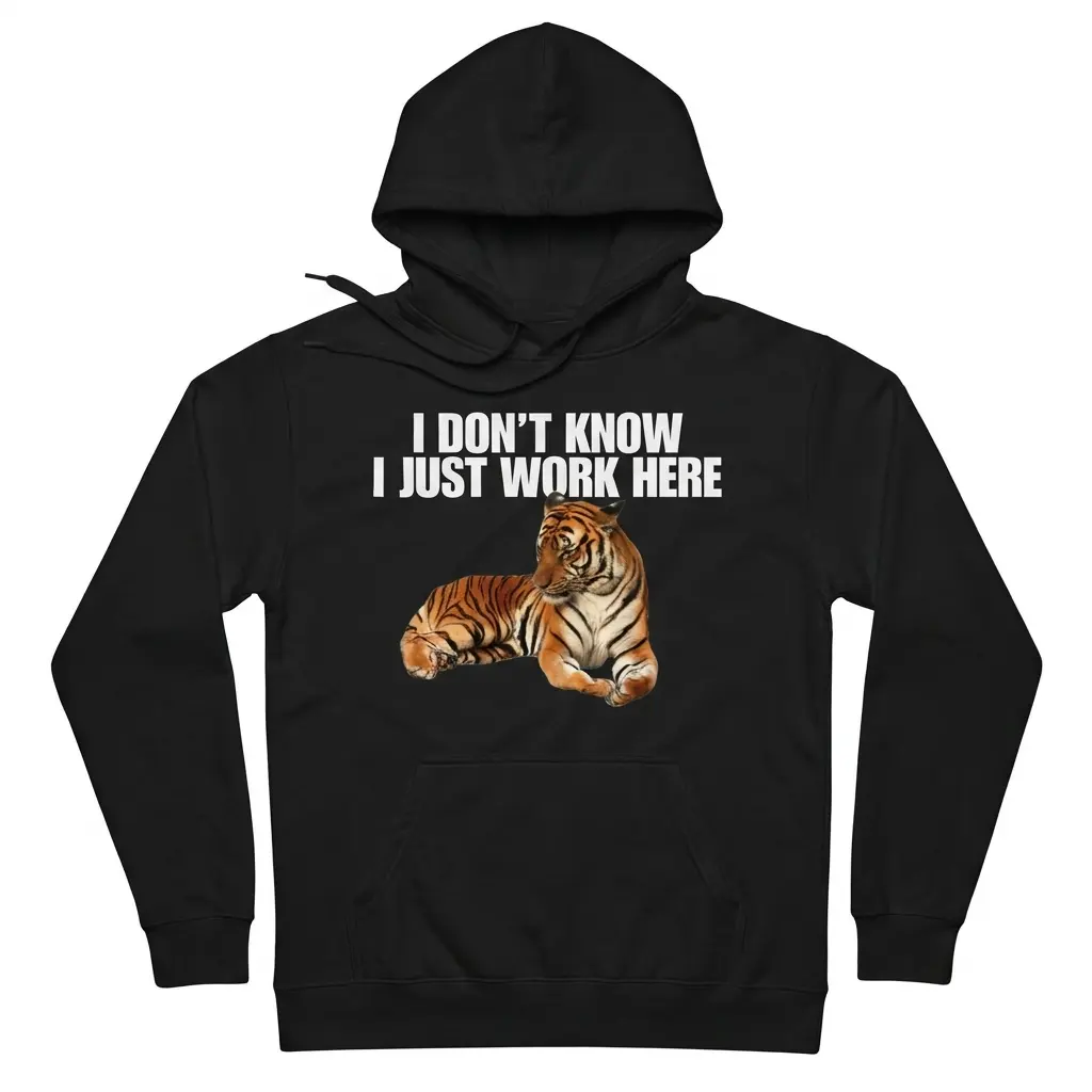 I Don't Know I Just Work Here Lounging Tiger T-Shirt 2 Cozy pullover hoodie displaying black tee front print reading I DONT KNOW I JUST WORK HERE above a lounging orange tiger