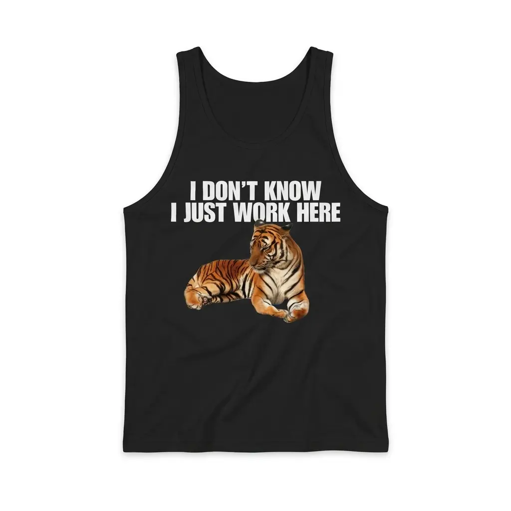 I Don't Know I Just Work Here Lounging Tiger T-Shirt 3 Sleeveless casual tank top with black tee front print reading I DONT KNOW I JUST WORK HERE above a lounging orange tiger