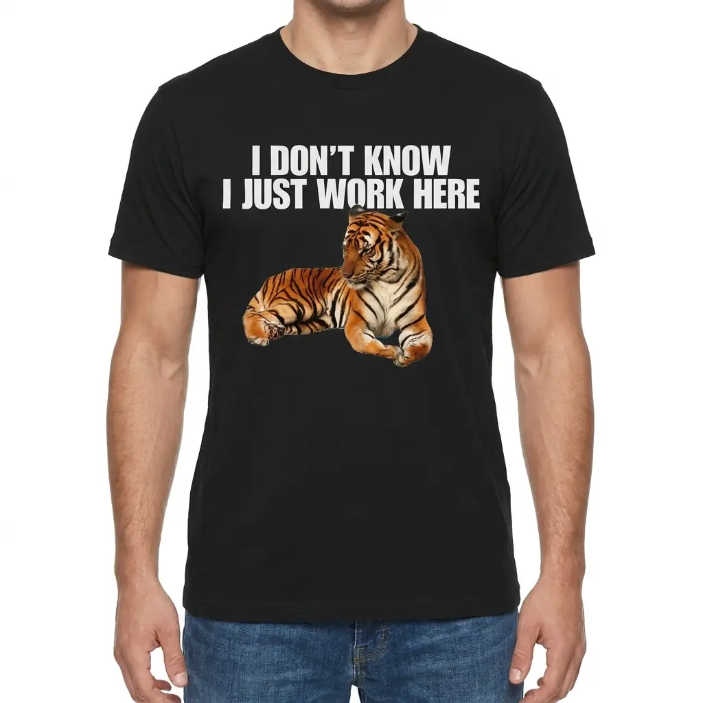I Don't Know I Just Work Here Lounging Tiger T-Shirt 4 Man wearing black graphic tee with black tee front print reading I DONT KNOW I JUST WORK HERE above a lounging orange tiger