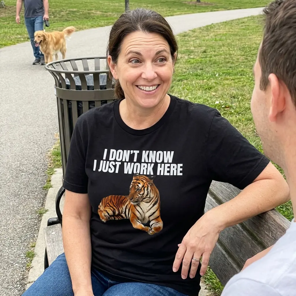I Don't Know I Just Work Here Lounging Tiger T-Shirt 5 Everyday streetwear outfit styling black shirt with black tee front print reading I DONT KNOW I JUST WORK HERE above a lounging orange tiger