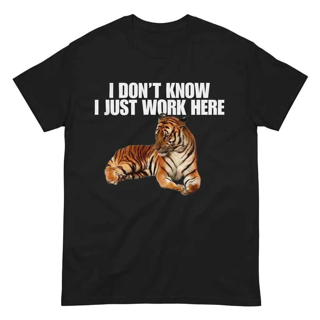 I Don't Know I Just Work Here Lounging Tiger T-Shirt 1 Flatlay black t-shirt featuring black tee front print reading I DONT KNOW I JUST WORK HERE above a lounging orange tiger