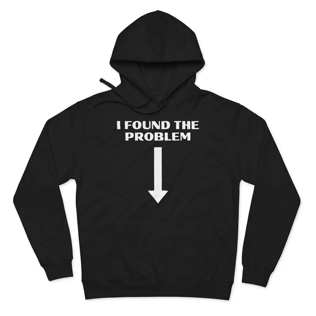 Cozy pullover hoodie displaying black tee front print reading I FOUND THE PROBLEM above a large bold white arrow pointing straight down