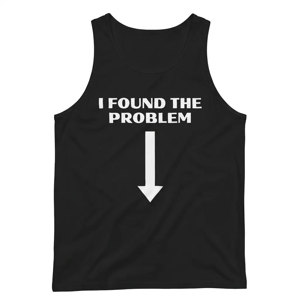 Sleeveless casual tank top with black tee front print reading I FOUND THE PROBLEM above a large bold white arrow pointing straight down