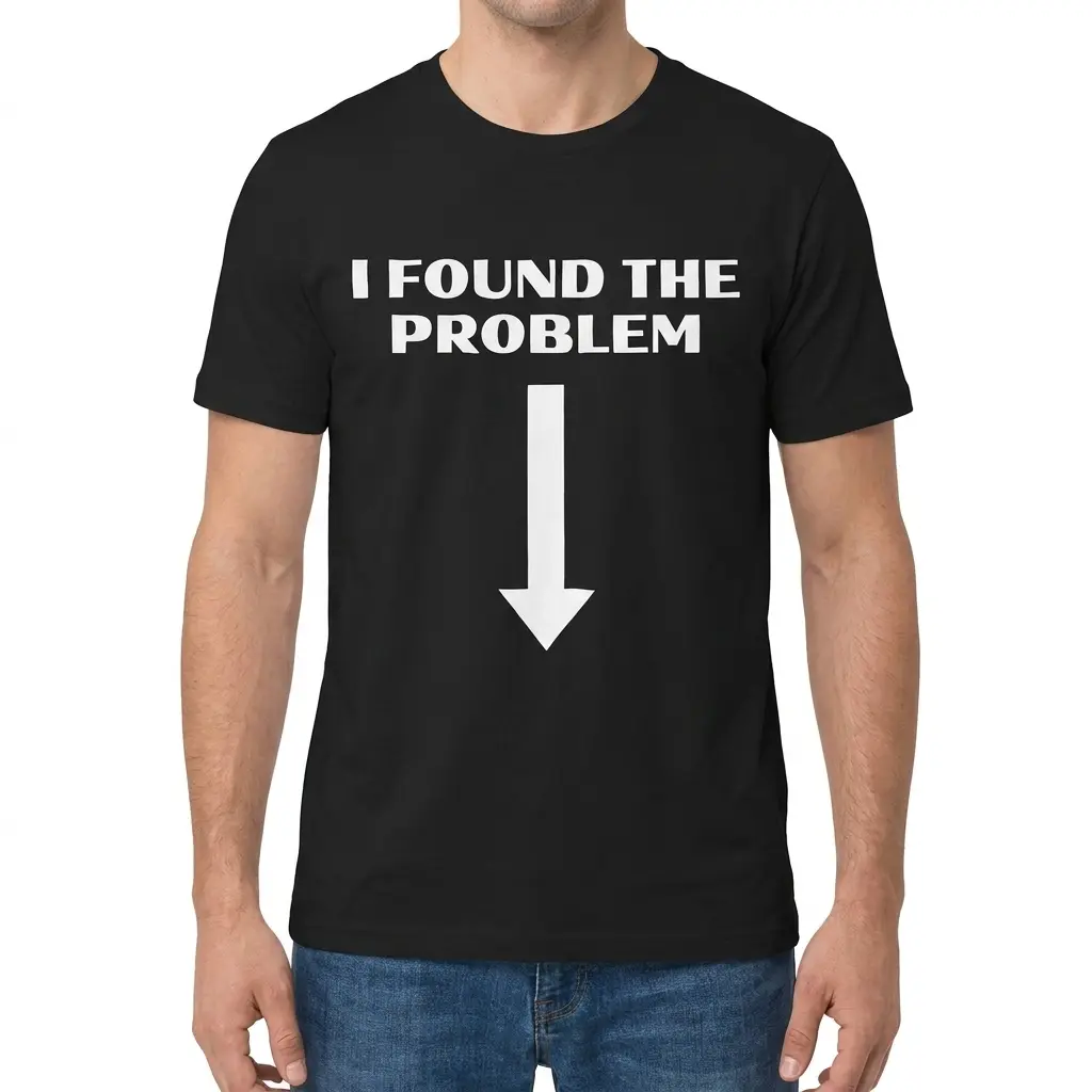 Man wearing black graphic tee with black tee front print reading I FOUND THE PROBLEM above a large bold white arrow pointing straight down