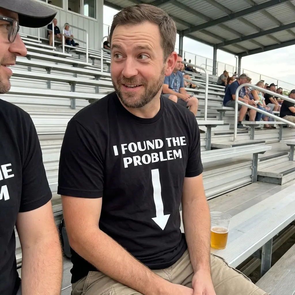 Everyday streetwear outfit styling black shirt with black tee front print reading I FOUND THE PROBLEM above a large bold white arrow pointing straight down
