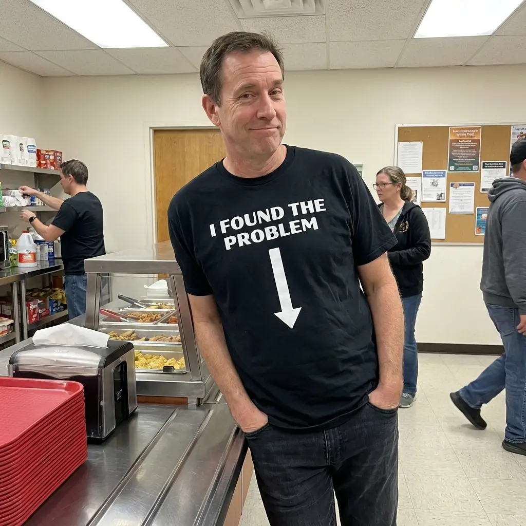 Close-up casual look showcasing black tee and black tee front print reading I FOUND THE PROBLEM above a large bold white arrow pointing straight down