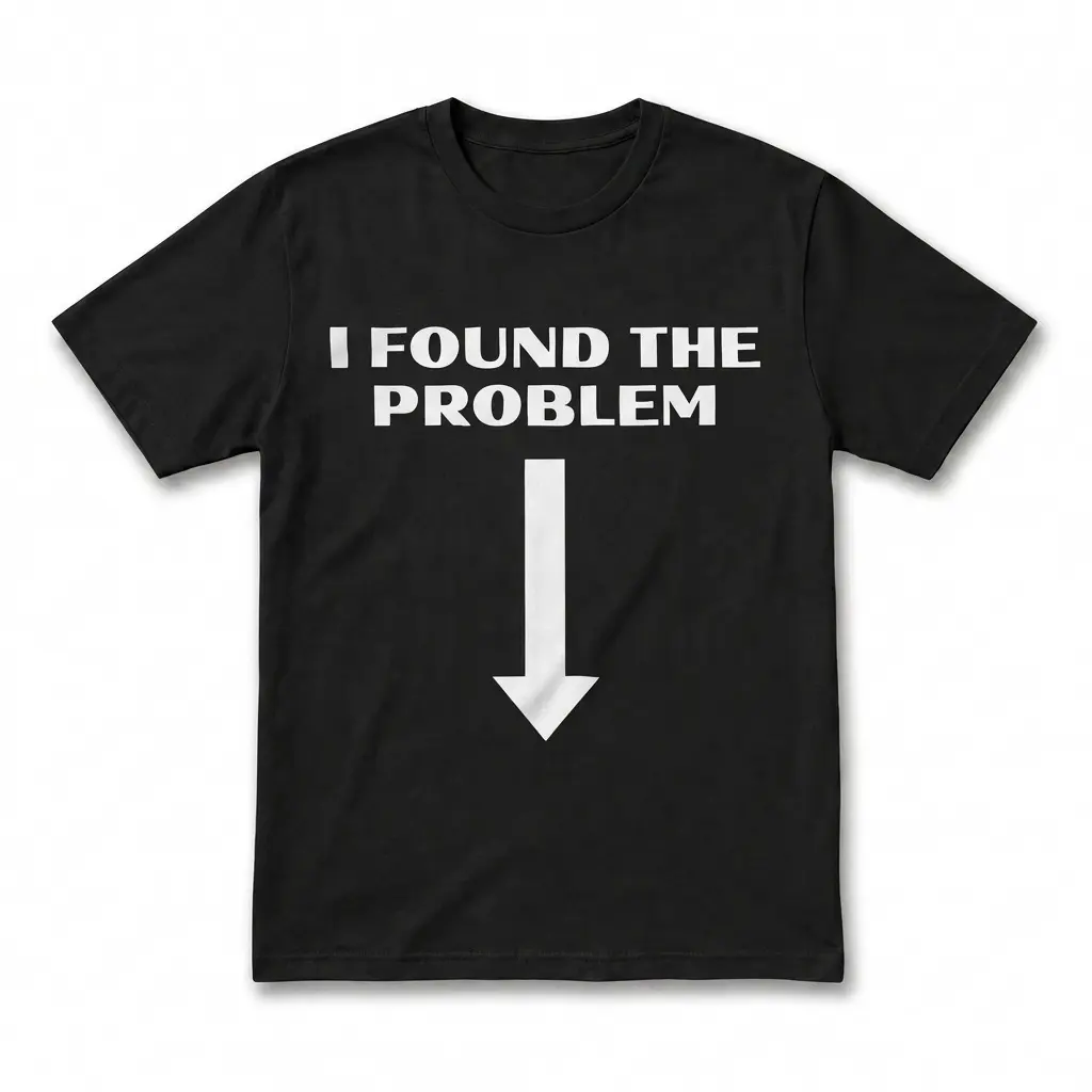 Flatlay black t-shirt featuring black tee front print reading I FOUND THE PROBLEM above a large bold white arrow pointing straight down