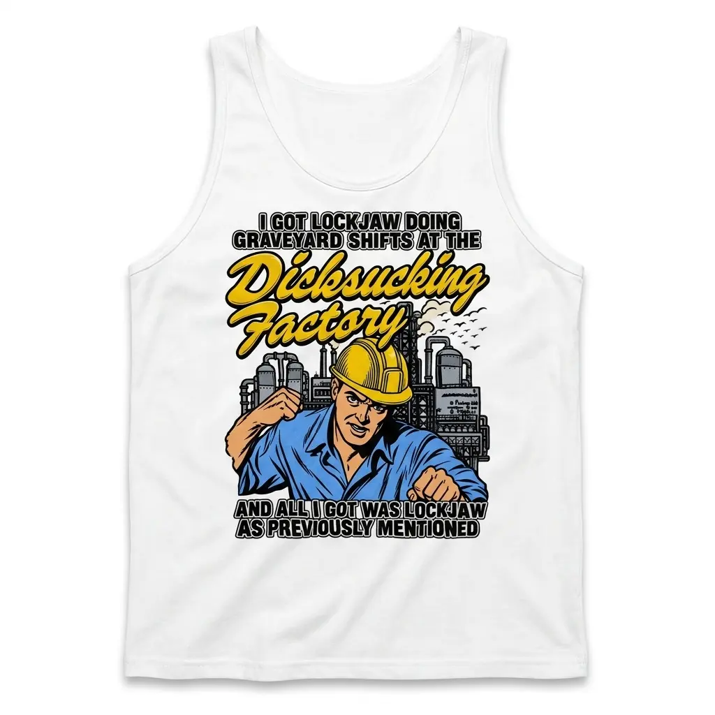 I Got Lockjaw Doing Graveyard Shifts Factory Humor T-Shirt 3 Sleeveless casual tank top with white tee front print reading I GOT LOCKJAW DOING GRAVEYARD SHIFTS with a cartoon worker in a yellow hard hat