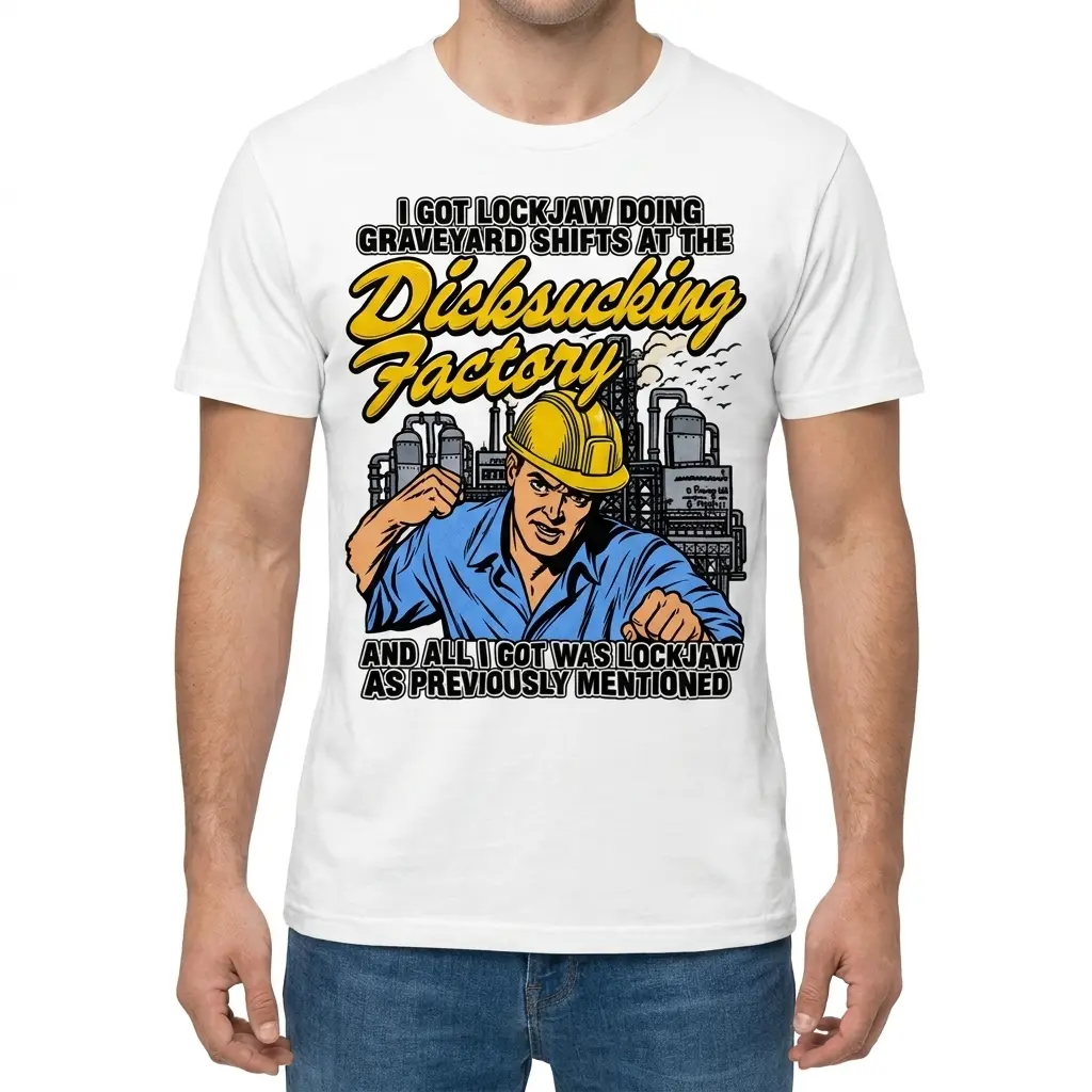 I Got Lockjaw Doing Graveyard Shifts Factory Humor T-Shirt 4 Man wearing white graphic tee with white tee front print reading I GOT LOCKJAW DOING GRAVEYARD SHIFTS with a cartoon worker in a yellow hard hat