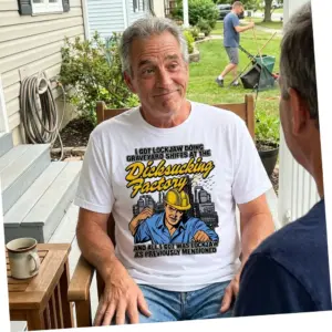 I Got Lockjaw Doing Graveyard Shifts Factory Humor T-Shirt 10 Everyday streetwear outfit styling white shirt with white tee front print reading I GOT LOCKJAW DOING GRAVEYARD SHIFTS with a cartoon worker in a yellow