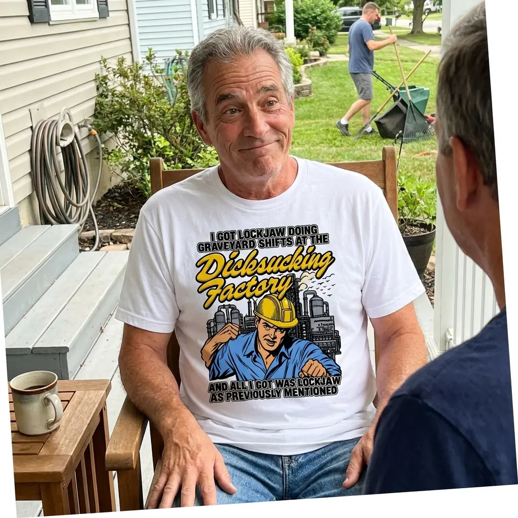 I Got Lockjaw Doing Graveyard Shifts Factory Humor T-Shirt 5 Everyday streetwear outfit styling white shirt with white tee front print reading I GOT LOCKJAW DOING GRAVEYARD SHIFTS with a cartoon worker in a yellow