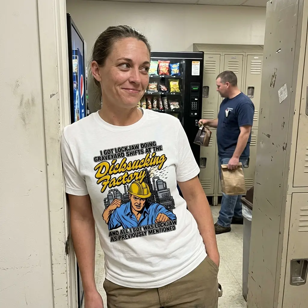 I Got Lockjaw Doing Graveyard Shifts Factory Humor T-Shirt 6 Close-up casual look showcasing white tee and white tee front print reading I GOT LOCKJAW DOING GRAVEYARD SHIFTS with a cartoon worker in a yellow hard hat