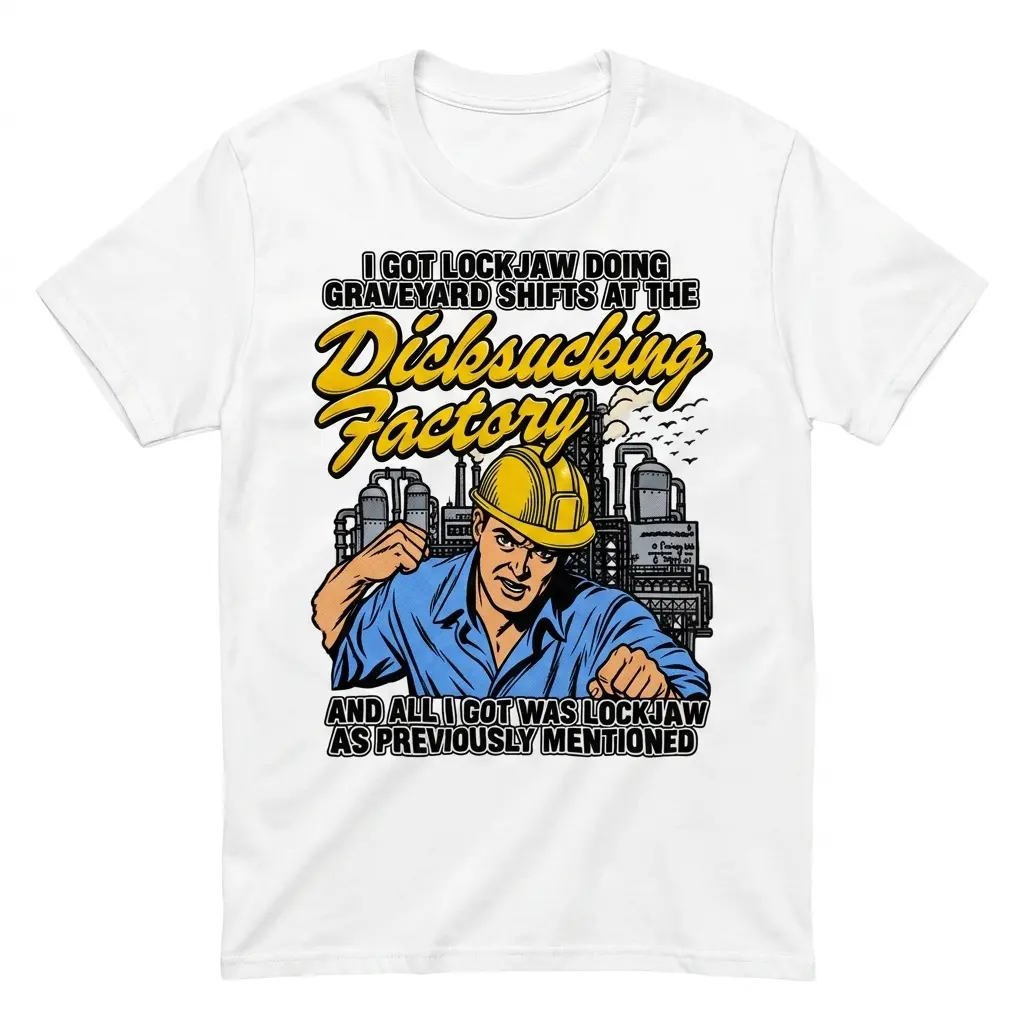 I Got Lockjaw Doing Graveyard Shifts Factory Humor T-Shirt 1 Flatlay white t-shirt featuring white tee front print reading I GOT LOCKJAW DOING GRAVEYARD SHIFTS with a cartoon worker in a yellow hard hat