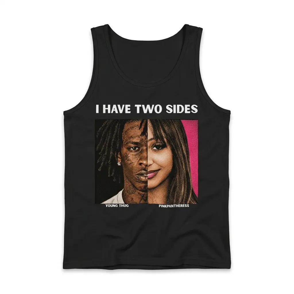 Sleeveless casual tank top with black tee front print reading I HAVE TWO SIDES above split portraits of Young Thug and PinkPantheress