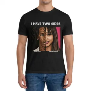 I Have Two Sides Young Thug PinkPantheress Music Meme T-Shirt 9 Man wearing black graphic tee with black tee front print reading I HAVE TWO SIDES above split portraits of Young Thug and PinkPantheress