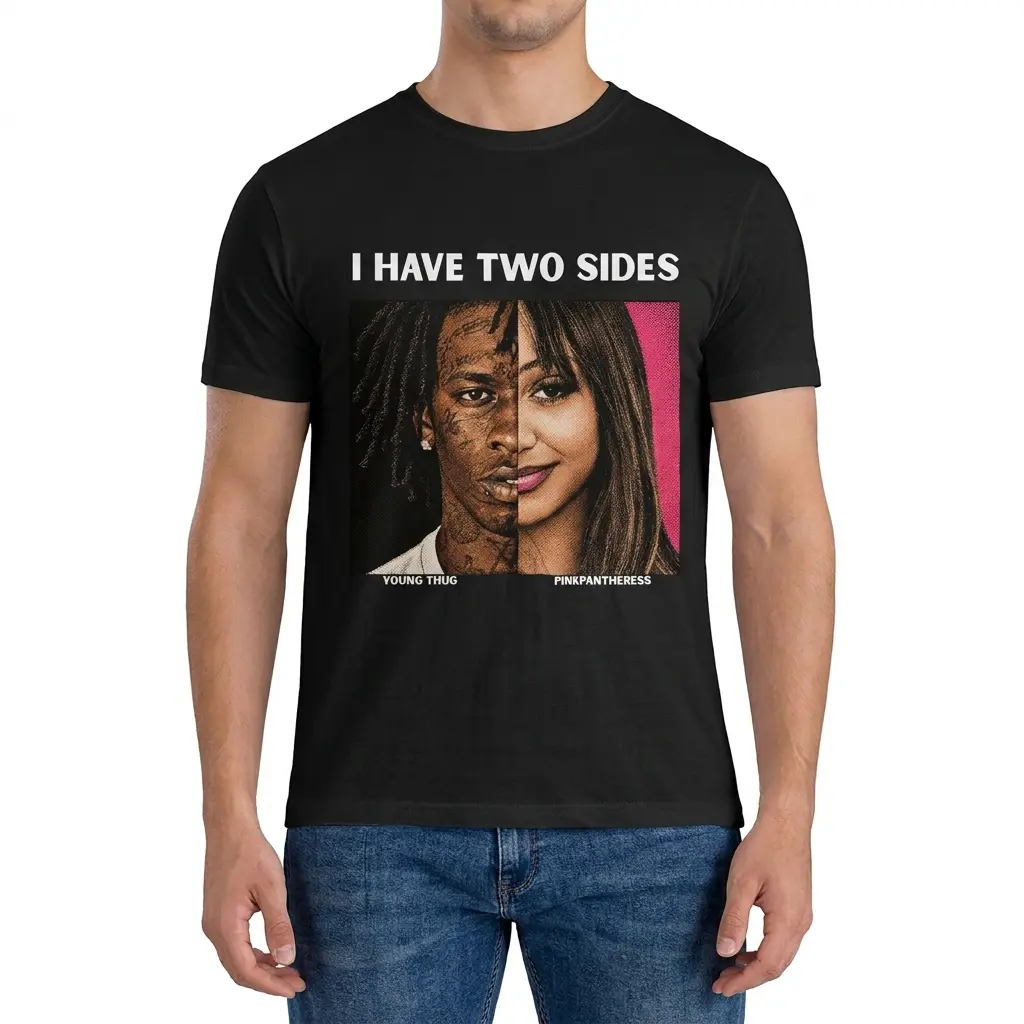 Man wearing black graphic tee with black tee front print reading I HAVE TWO SIDES above split portraits of Young Thug and PinkPantheress