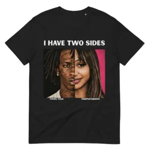 Flatlay black t-shirt featuring black tee front print reading I HAVE TWO SIDES above split portraits of Young Thug and PinkPantheress