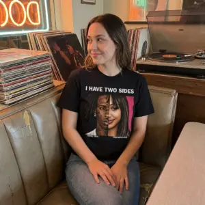 I Have Two Sides Young Thug PinkPantheress Music Meme T-Shirt 11 Close-up casual look showcasing black tee and black tee front print reading I HAVE TWO SIDES above split portraits of Young Thug and PinkPantheress