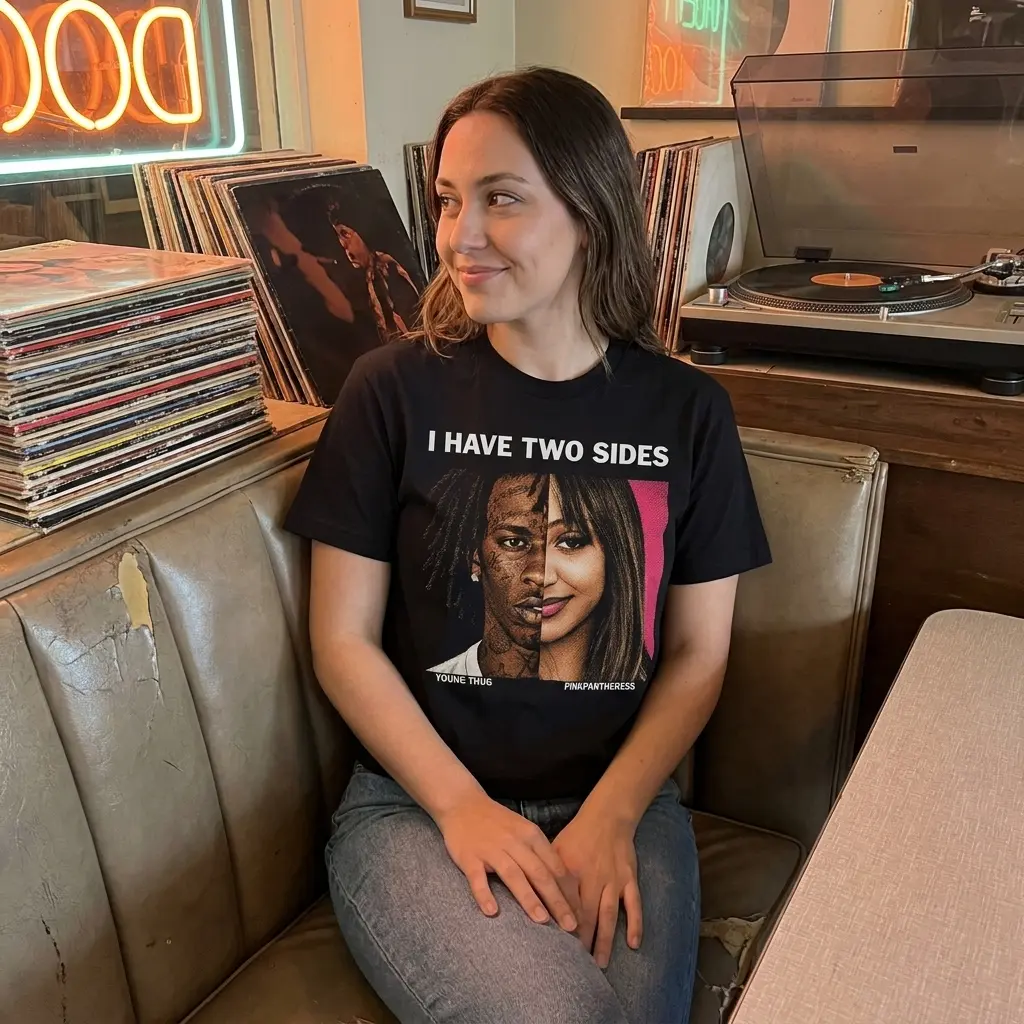 Close-up casual look showcasing black tee and black tee front print reading I HAVE TWO SIDES above split portraits of Young Thug and PinkPantheress