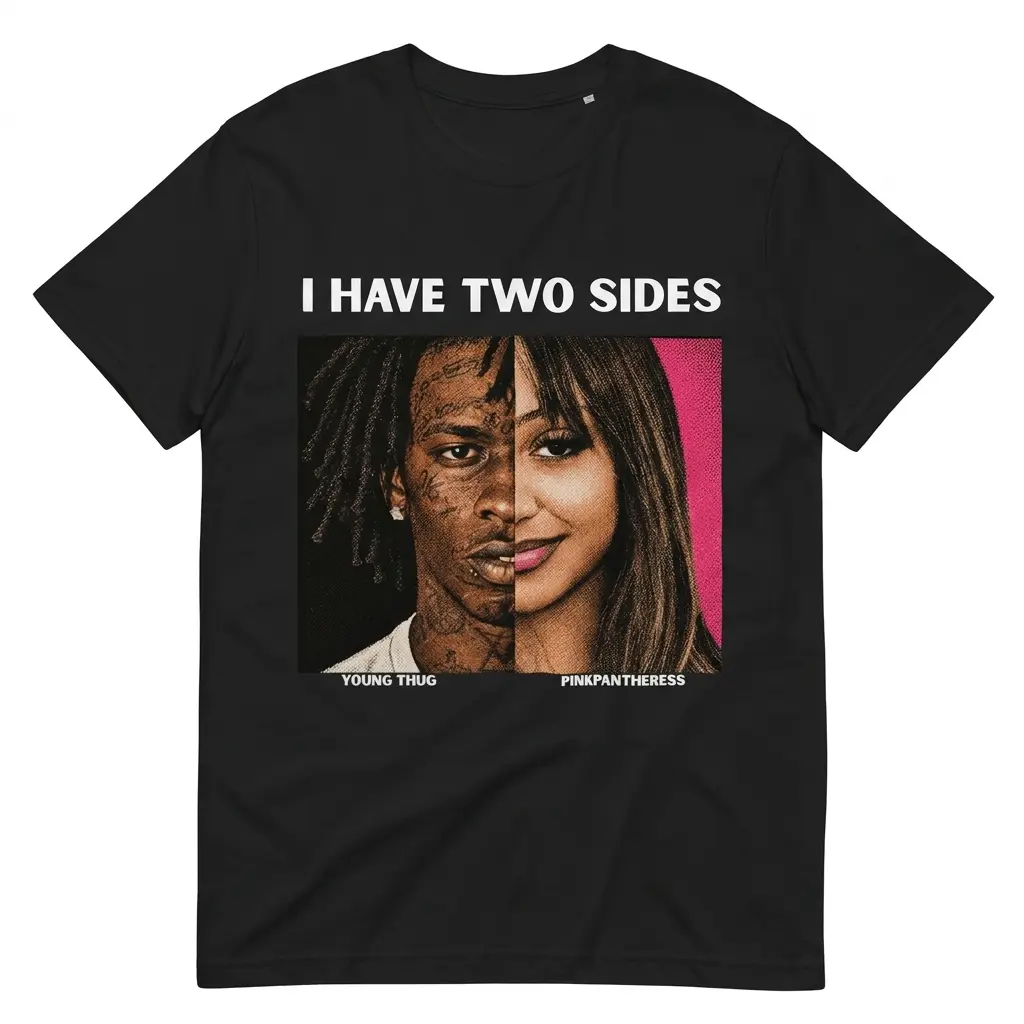 Flatlay black t-shirt featuring black tee front print reading I HAVE TWO SIDES above split portraits of Young Thug and PinkPantheress
