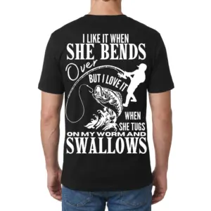 I Like It When She Bends Over Funny Fishing Innuendo T-Shirt 9 Man wearing black graphic tee with black tee back print reading I LIKE IT WHEN SHE BENDS OVER with an angler silhouette and jumping bass fish