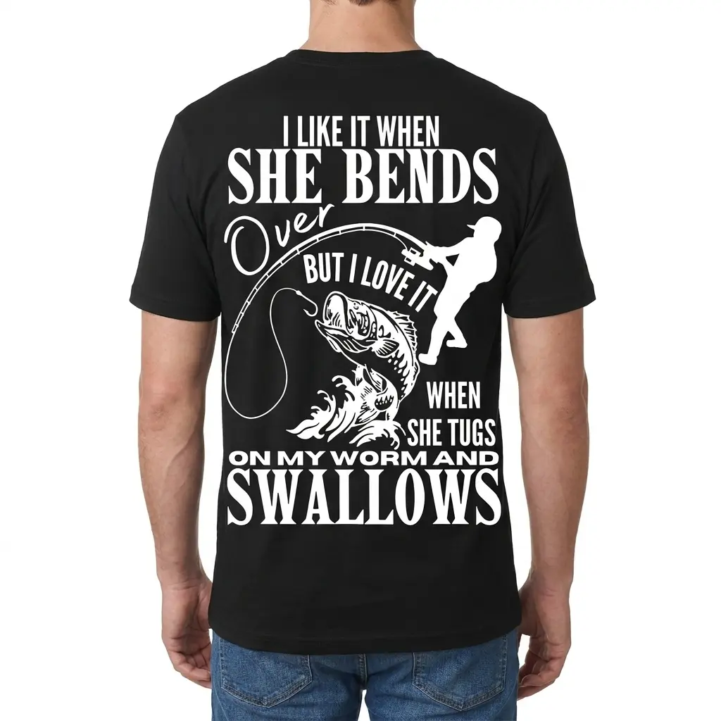 Man wearing black graphic tee with black tee back print reading I LIKE IT WHEN SHE BENDS OVER with an angler silhouette and jumping bass fish