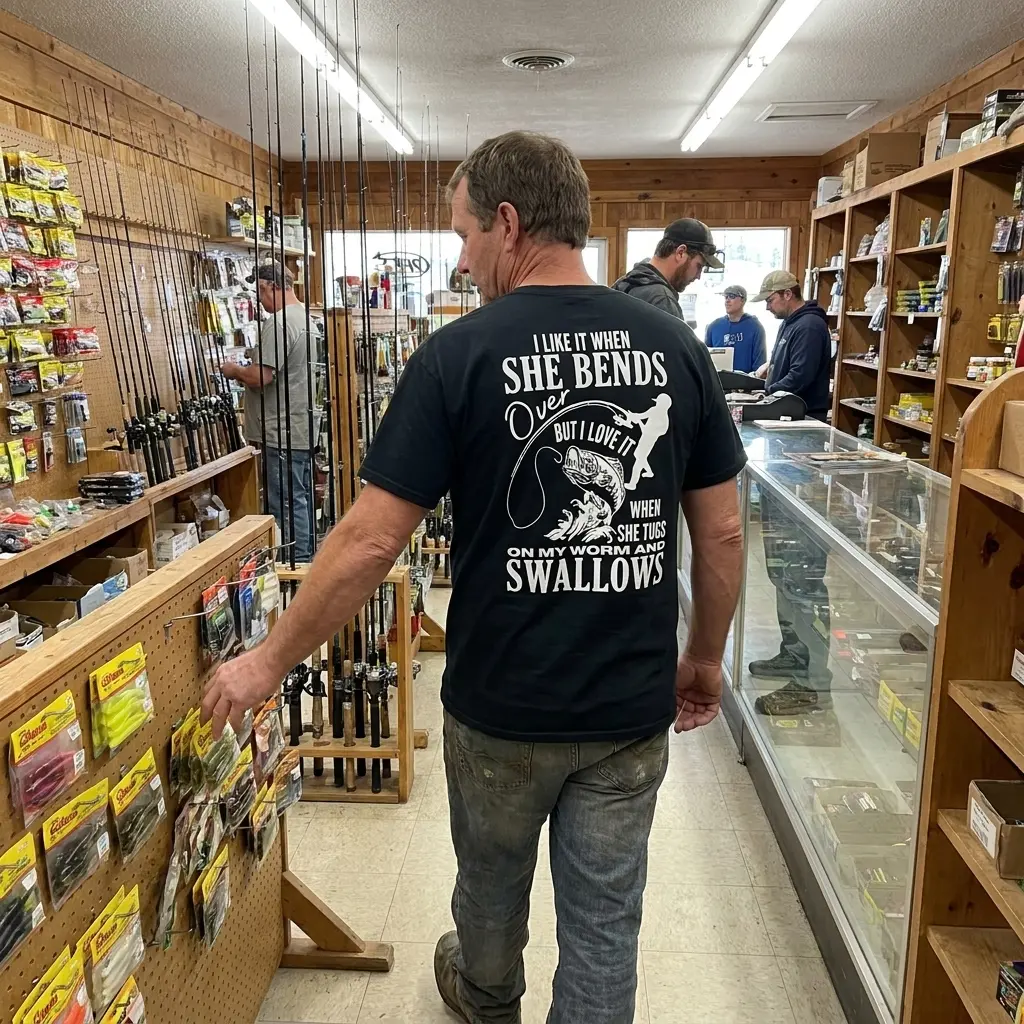 Everyday streetwear outfit styling black shirt with black tee back print reading I LIKE IT WHEN SHE BENDS OVER with an angler silhouette and jumping bass fish